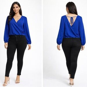 A’GACI Royal Blue Wrap Blouse Long Sleeve Tie Back Top Women Size S